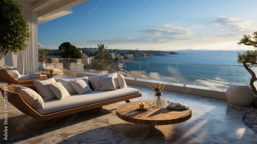 Fototapeta premium Relaxation area on the modern terrace with panoramic sea views.