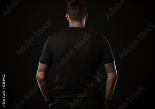 A man in a black T-shirt is holding his hands behind his back