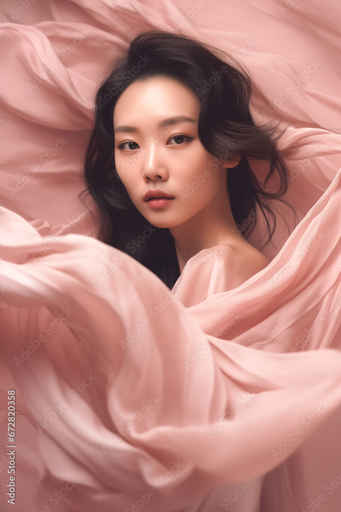 Pretty young asian woman in a pink silk, Generative AI Pretty young asian woman in a pink silk, Generative AI