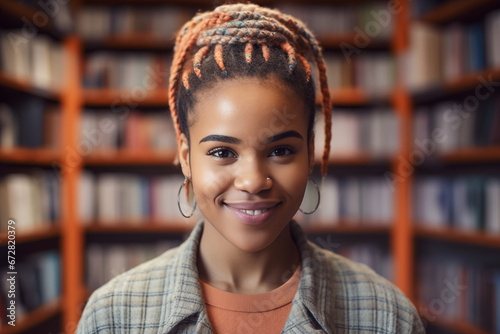 Young afro-american woman in the library, Generative AI