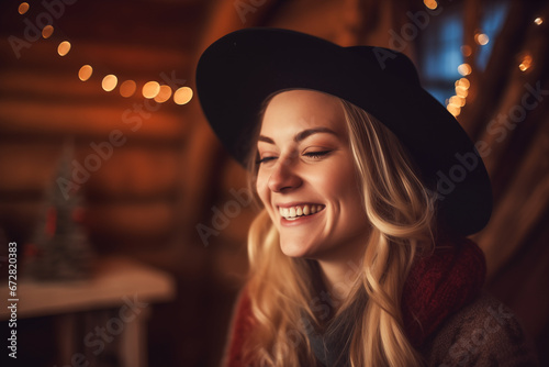 Pretty young woman in a Christmas cabin. Generative AI