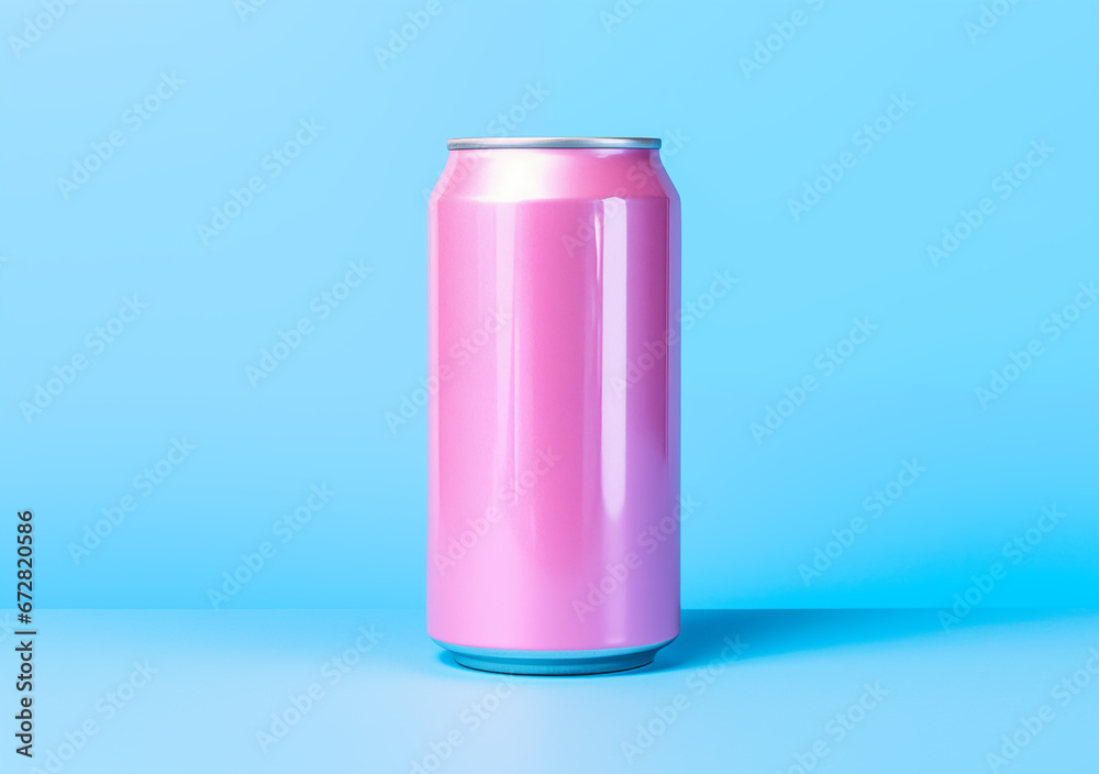 A pink and blue can of soft drink on a pink background A pink and blue can of soft drink on a pink background