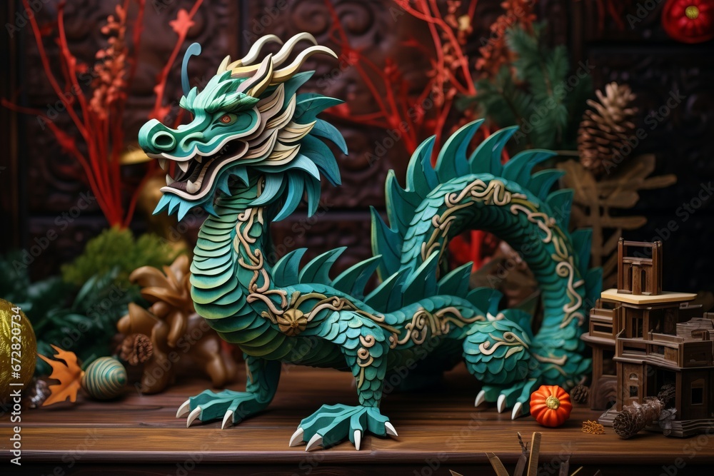 The fabulous green wooden dragon is the symbol of 2024 New Year. cartoon dragon is sitting next to a Christmas tree with gifts
