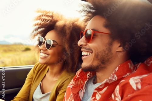 Happy young couple driving a cabriolet to the countryside.. Summer vacation and travel concept