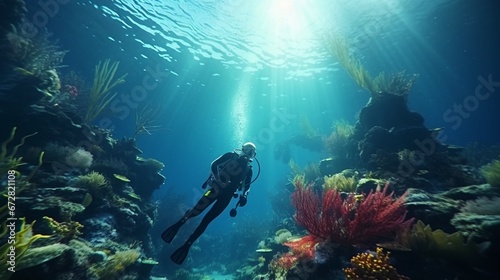 One divers exploring sea bottom.Generative AI