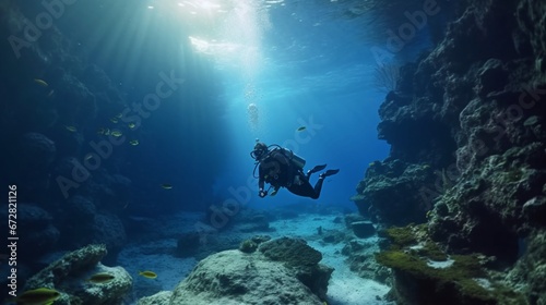 One divers exploring sea bottom.Generative AI