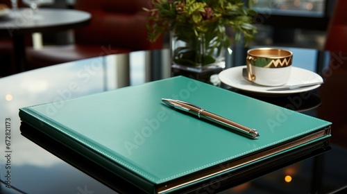 notepad for agenda on empty corporate conference room table photo