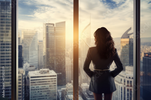Successful businesswoman finds inspiration while looking out of a big window with a breathtaking city view. She embodies career excellence and leadership in the heart of a modern downtown.