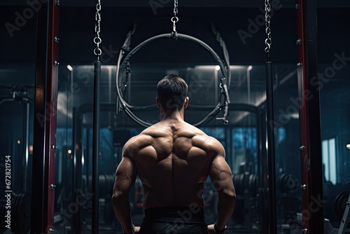 Young Man Standing Strong In The Gym And Flexing Muscles Muscular Athletic Bodybuilder Fitness Model Posing After Exercises, Man training at gym fitness club at rings, back view, AI Generated