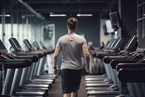 Rear view of young man in sportswear running on treadmill in gym, man walking on treadmill at fitness gym club, top section cropped, AI Generated photo