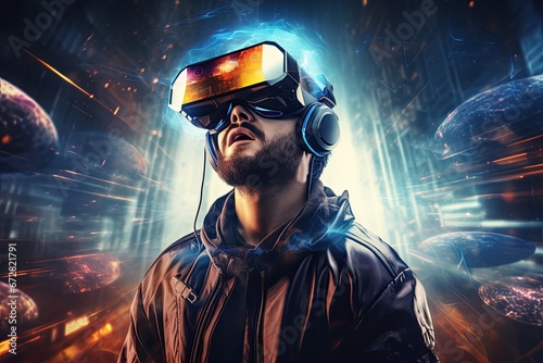 Man wearing virtual reality goggles. Future technology concept. 3D Rendering, Young woman wearing virtual reality goggles. Future technology and entertainment concept, AI Generated