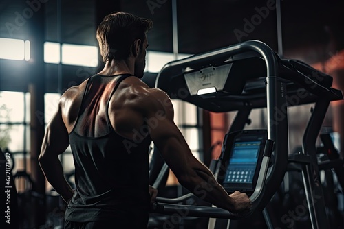 Back view of young man exercising on treadmill in gym. Muscular bodybuilder doing exercises, Man working on fitness machine at the gym, top section cropped, AI Generated