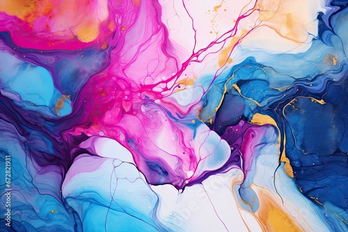 Abstract background of acrylic paint in blue, pink and yellow colors, Marble ink paint abstract. Close Up image, AI Generated