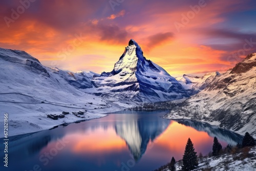Matterhorn and Zermatt lake at sunset, Switzerland, Matterhorn, Switzerland, AI Generated