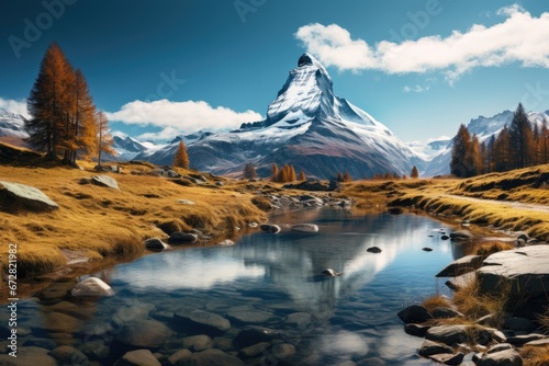Beautiful mountain landscape with a river and a mountain peak in the background, Matterhorn, Switzerland, AI Generated