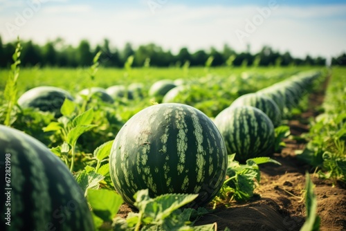 Watermelons growing on a field in summer. Agricultural landscape, Mature big watermelons in the watermelon field, background blurry, AI Generated
