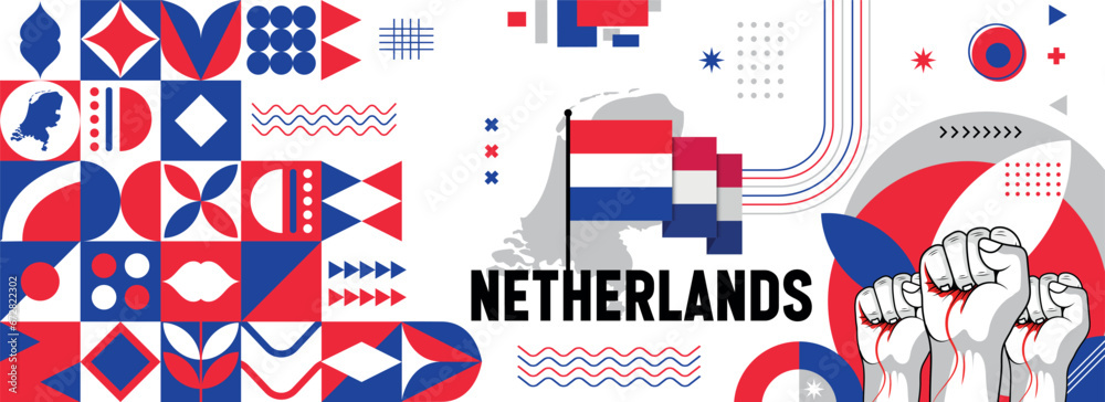 Obraz premium Netherlands national or independence day banner for country celebration. Flag and map of Nederland with raised fists. Modern retro design with typorgaphy abstract geometric icons. Vector illustration.