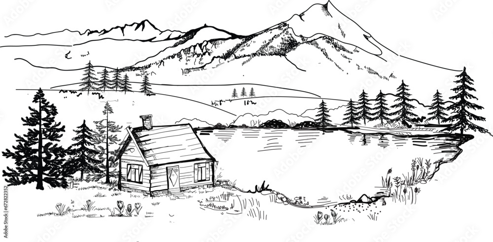 A wooden house by a lake in the mountains, a hand-drawn landscape. Vector graphics of mountains, alps, tatra peaks