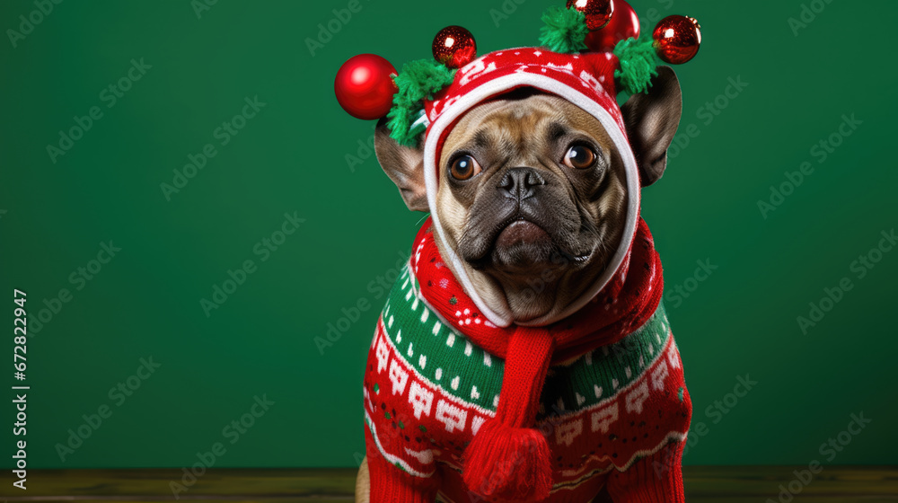 A pug dog wearing a festive Christmas sweater and hat with red bulbs, looking at the camera with a humorous expression against a solid green background. A pug dog wearing a festive Christmas sweater and hat with red bulbs, looking at the camera with a humorous expression against a solid green background.