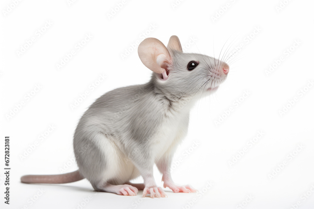 Gray cute funny mouse on white background - obrazy, fototapety, plakaty 