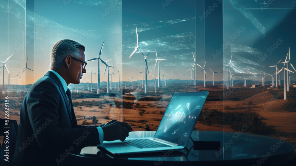 A focused businessman analyzes renewable energy designs on his laptop with holographic blueprints, in an office overlooking wind turbines. A focused businessman analyzes renewable energy designs on his laptop with holographic blueprints, in an office overlooking wind turbines.