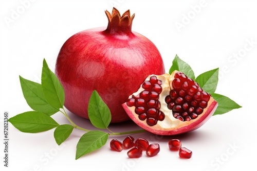 pomegranates with leaves isolated on white background