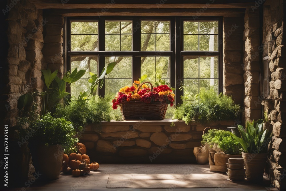 Autumn window and kitchen with pumpkins, plants, and vegetables for Thanksgiving day Autumn window and kitchen with pumpkins, plants, and vegetables for Thanksgiving day