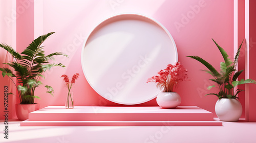 Abstract white and pink color, minimal 3D illustration with flowers in vase and geometric podium background.