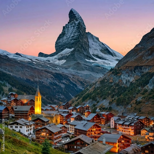 Beautiful view of old village in twilight time with Matterhorn peak background in Zermatt, Switzerland
