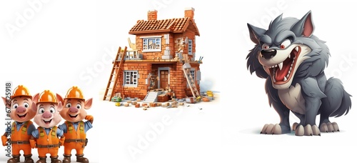 Three little pigs reimagined in construction clothes with unfinished brickhouse in background and a big bad wolf looking at them, illustration on white backdrop