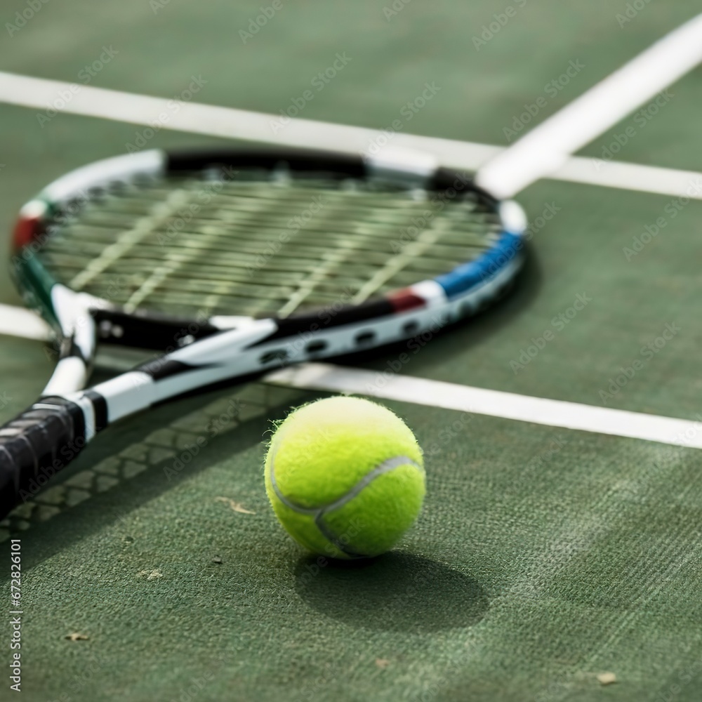 Close-up of tennis racket and tennis ball laying on the court