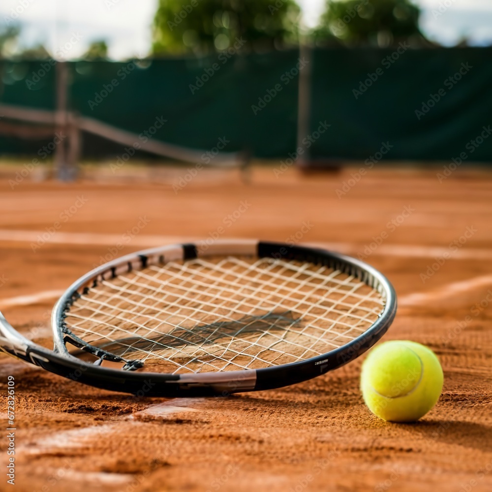 Close-up of tennis racket and tennis ball laying on the court