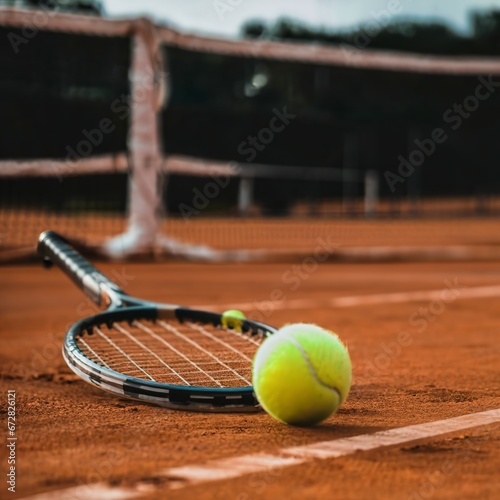 Close-up of tennis racket and tennis ball laying on the court © Moldovan
