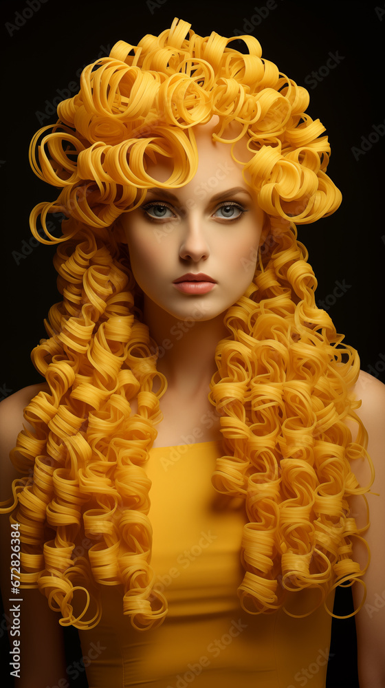 Imaginary portrait of a beautiful woman with her hair made of noodles