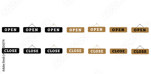 set of open close sign board icon design. wooden black signboard. black white text. for shop restaurant door sign vector illustration