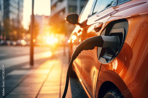 Charging an electric car in the city at sunset, close-up © StockHaven
