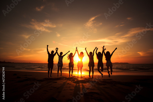 Silhouette of group of friends jumping on the beach at sunset