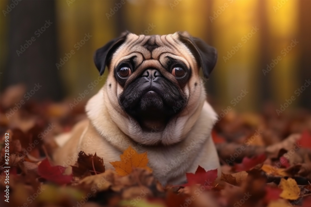 Cute young pug against the background of fallen leaves