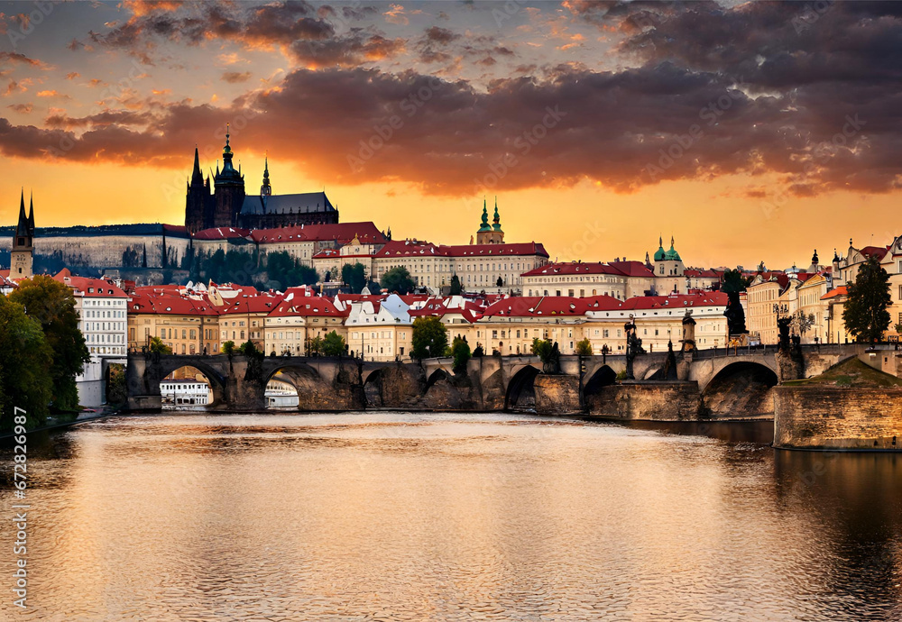 Historic Prague Castle at sunset with Vltava River in the backdrop. 