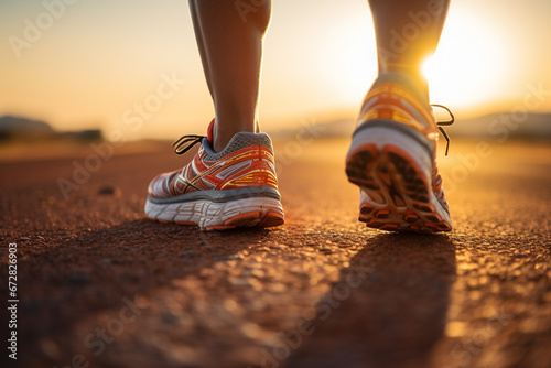 Runner athlete running on road at sunrise. woman fitness jogging workout wellness concept.