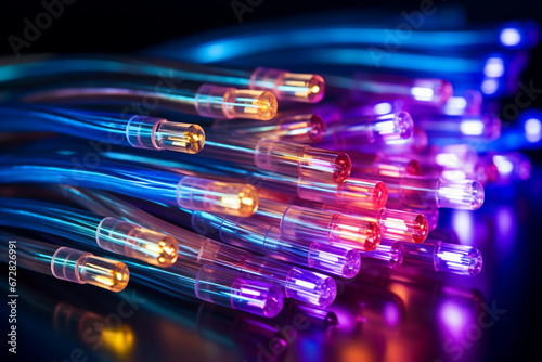 Fiber optic cable close-up with colorful lights on black background