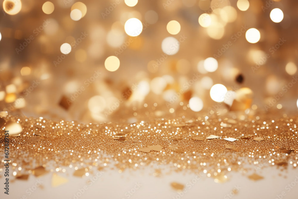 Golden glitter background with bokeh defocused lights and sparkles.
