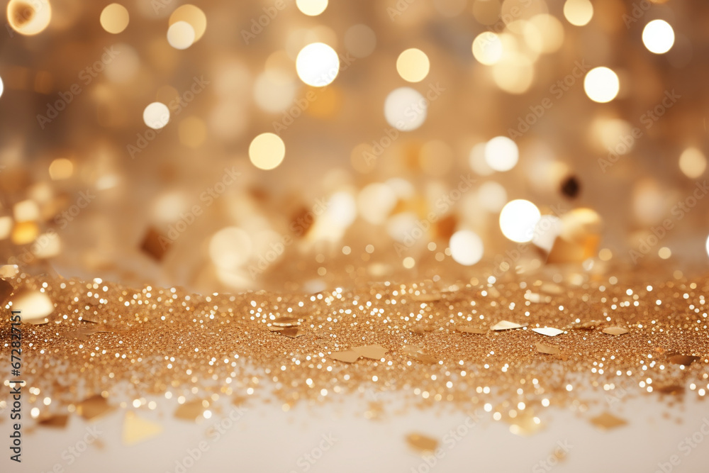 Golden glitter background with bokeh defocused lights and sparkles. Golden glitter background with bokeh defocused lights and sparkles.