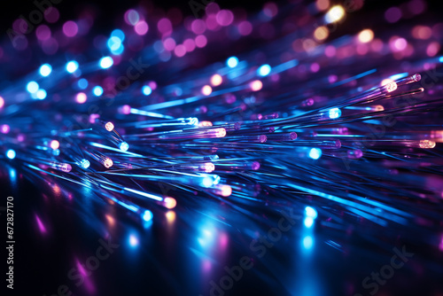 Fiber optical network cable close up with bokeh light background