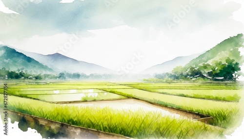 Rice field landscape, farmers collecting rice, painting, watercolor style © CreativeStock