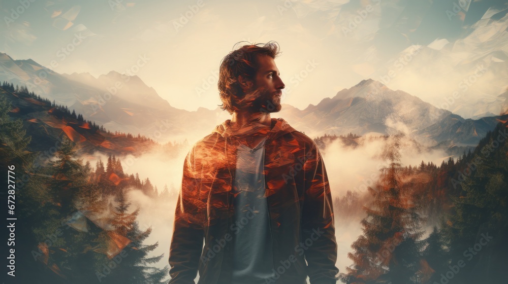 Double exposure photography of close up traveller and the tranquil forest, nature, adventure, forest, man, hiking, backpack, young, lifestyle, tourist, outdoors.
