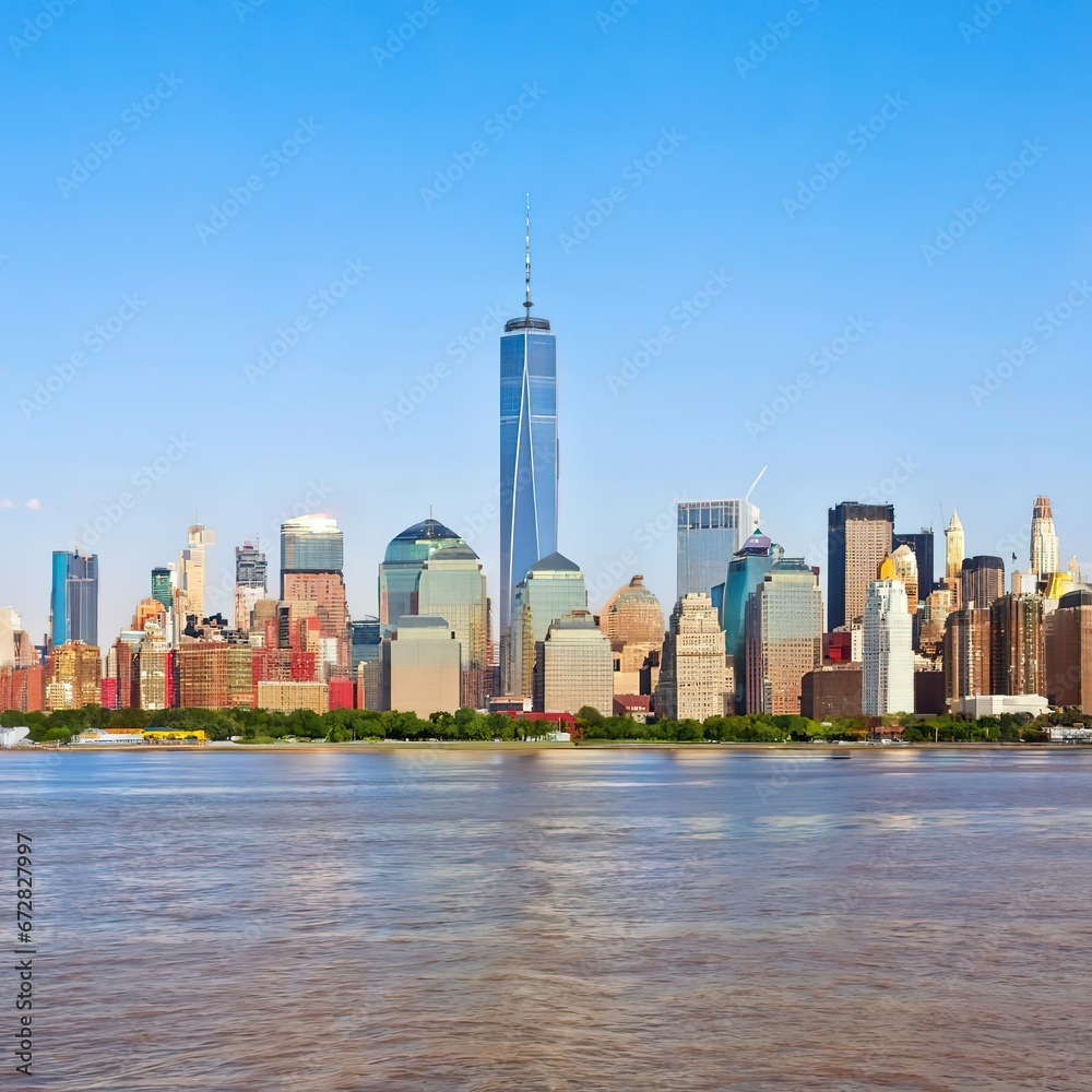 New York City skyline. Manhattan Skyscrapers panorama over Hudson river from New Jersey City