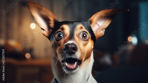 Young crazy surprised dog make big eyes closeup. surprised dog funny face big eyes. Young dog looking surprised and scared. Emotional surprised wide big eye dog at home, high quality photo © pinkrabbit