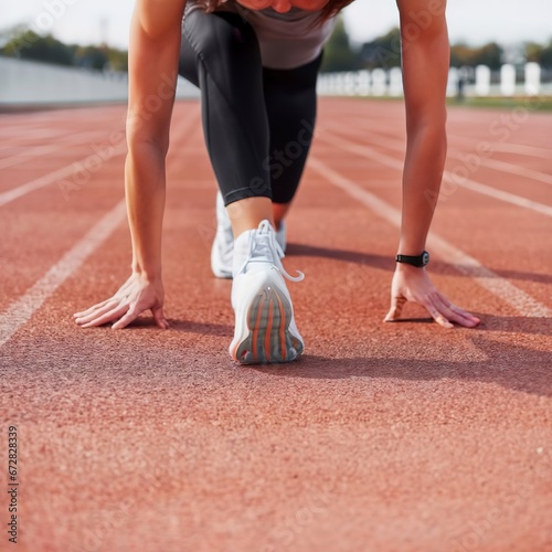 Ready to run. Close-up image of woman in sports shoes standing in starting line
