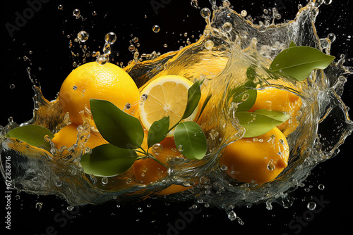 A vibrant and refreshing image capturing the essence of sliced lemon fruits in a motion water splash. Ai generated